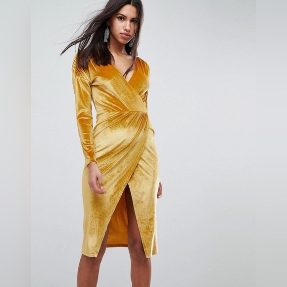 ASOS | Gold Velvet Long Sleeve Midi Dress - Picture 1 of 11